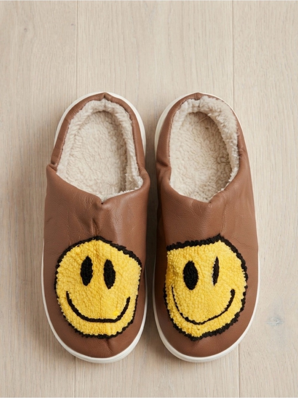 Womens Cozy Smiley Face Slip-On Shoes - Brown/Yellow
